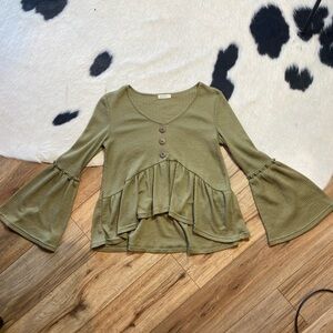 green waffle knit long-sleeved peplum top with bell sleeves